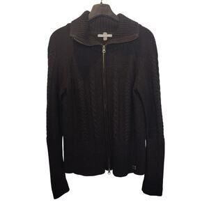 Icebreaker Sz L Black Full Zip Cable Knit Sweater Fold Collar Merino Wool Blend